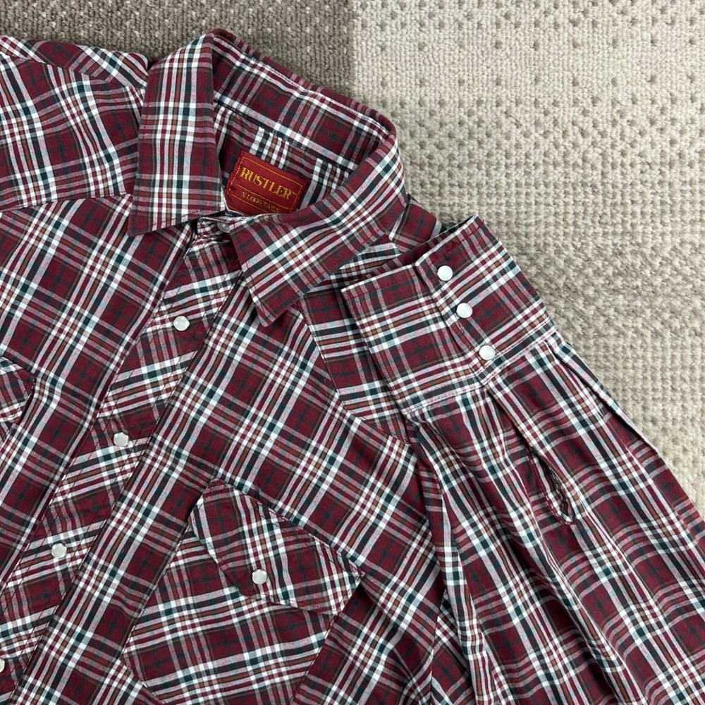 Rustler Mens Large Maroon Plaid Long‎ Sleeve Pearl Snap Western Shirt Boho